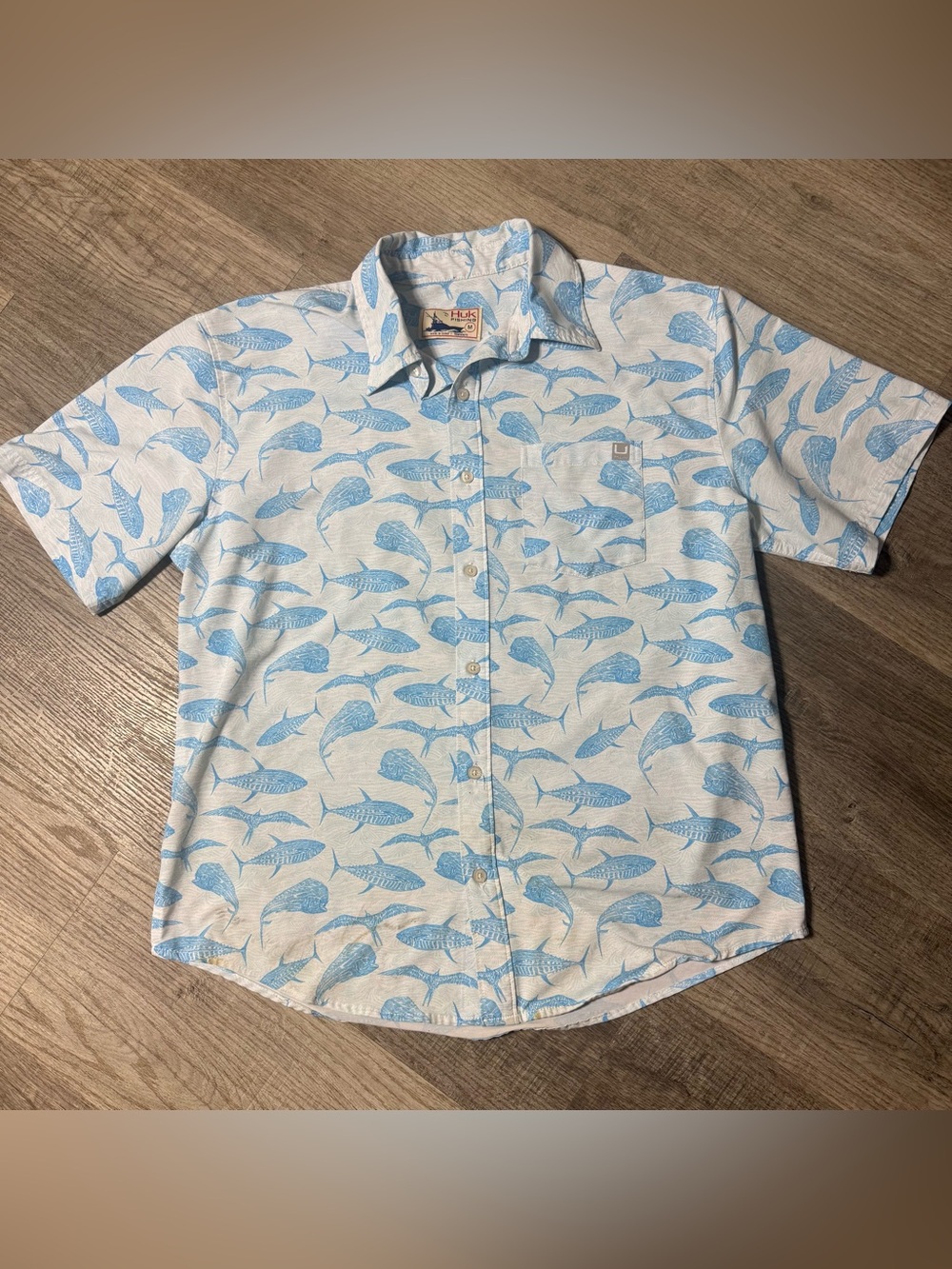 Huk Kids White Button-Up Shirt with Light Blue Fish Print